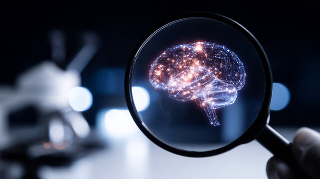 A magnifying glass reveals an illuminated human brain representing neurological research and medical analysis.
