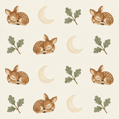 Fototapeta premium Sleepy Woodland Animals Seasonal Nursery Textile Seamless Pattern