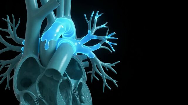 Close-up 3D animation of a human heart and bronchial tree model in blue on a black background.