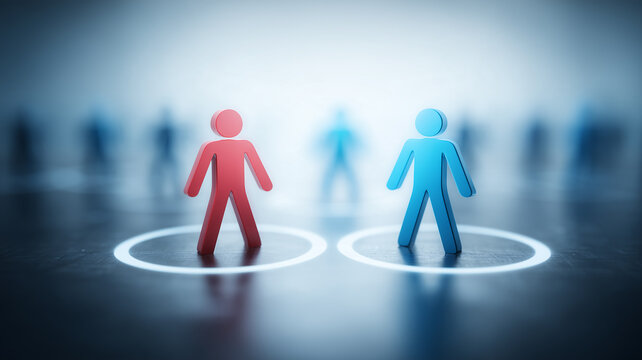 Two human figures standing in separate circles represent candidate comparison and workforce selection.
