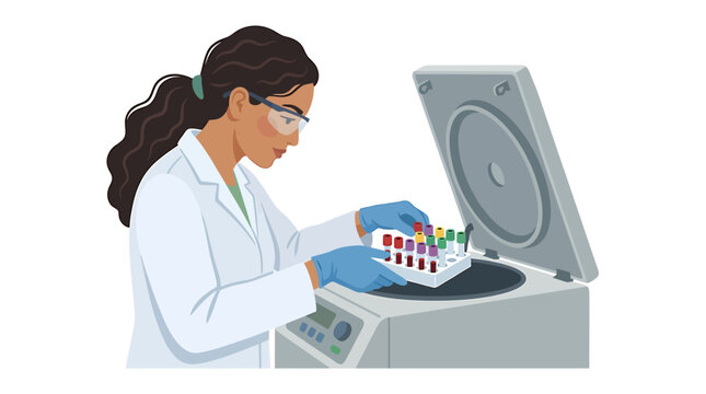 Hispanic Researcher Placing Blood Vials into Grey Centrifuge