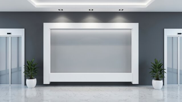 A modern office lobby interior with a large empty white frame on a dark grey wall, flanked by two potted green plants and glass elevators on both sides, with a polished marble floor reflecting light