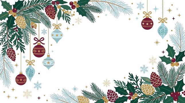 Watercolor christmas background with hanging ornaments pine branches and holly leaves for holiday greeting card design