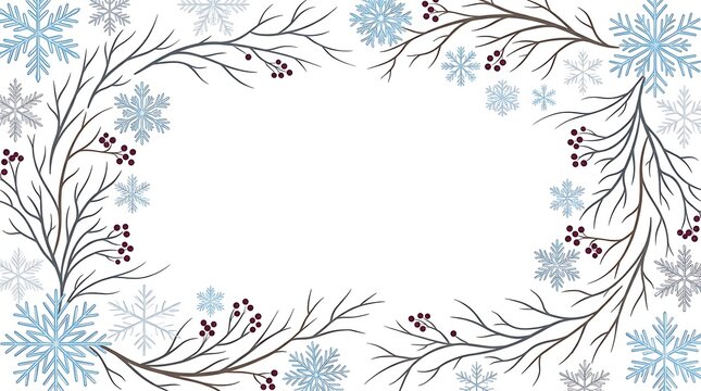 Elegant winter frame featuring hand drawn bare tree branches and delicate blue snowflakes on white background