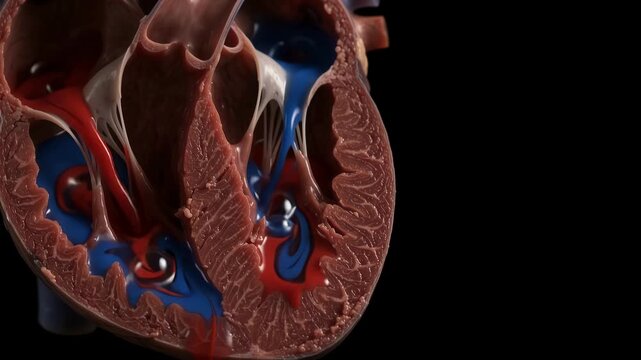 Detailed cross-section of a human heart showing internal valves and chambers for medical education video footage.