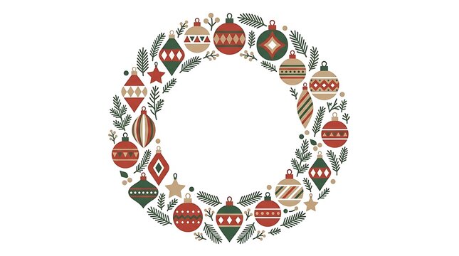 Festive christmas wreath made of colorful hanging ornaments and green pine branches isolated on white background