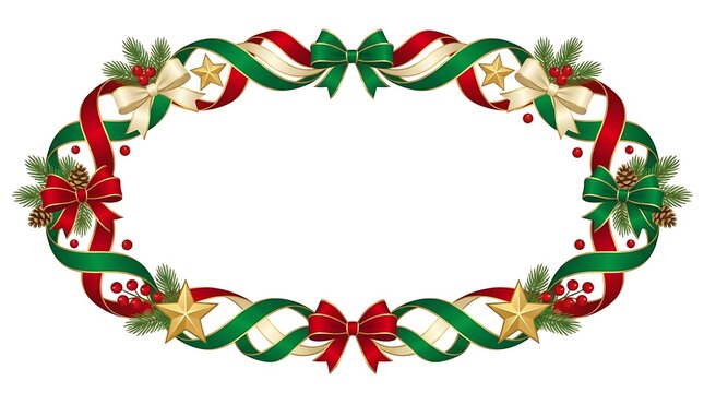 Elegant christmas frame with red ribbons green holly leaves and golden bells on a white background