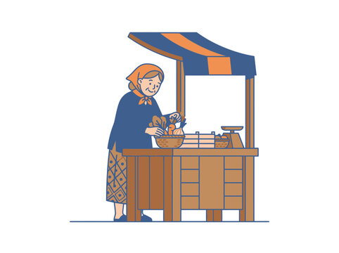 Merchant selling goods from behind a wooden market stall with an awning under clear skies.