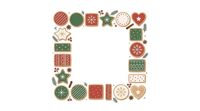 Square border frame made of various christmas gingerbread cookies on a white background with copy space
