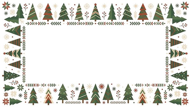 Decorative christmas border frame featuring hand drawn pine trees and festive winter patterns on a white background