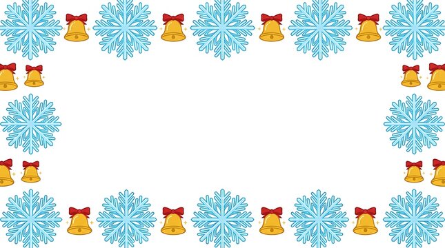 Festive christmas border featuring golden bells and blue snowflakes on a clean white background for holiday designs