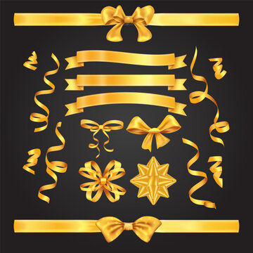 Gold ribbon vector asset. Satin silk bow banner border decoration award badge prize sign symbol gift frame satin element celebration holiday background concept.