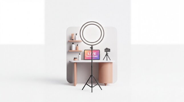 Live streaming ring light setup with camera, laptop, and cosmetics on a white background.