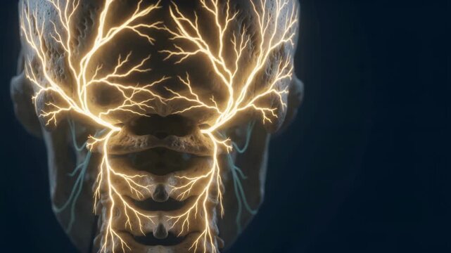 3D medical animation of a human skull and cervical vertebrae with glowing blue neural pathways in a cinematic dark setting.