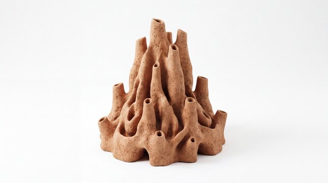 Termite mound structure made of brown clay stands against a clean white background.