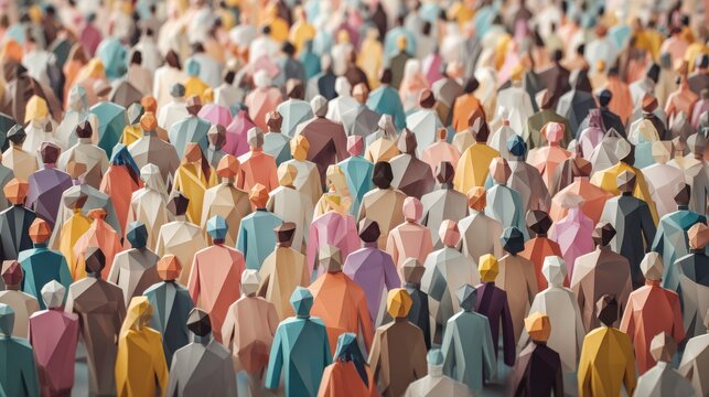 Large crowd of diverse people in paper craft origami style representing population growth, social diversity, multicultural community, human connection, demographic change, and society concept