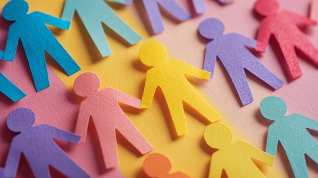 Colorful cutout paper people representing diversity, inclusion, acceptance and unity for international day for tolerance, multicultural community and social equality concept on solid background