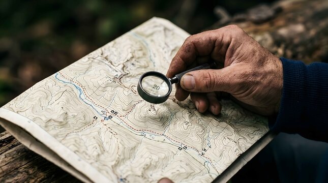 Person holding magnifying glass over topographical map outdoors
