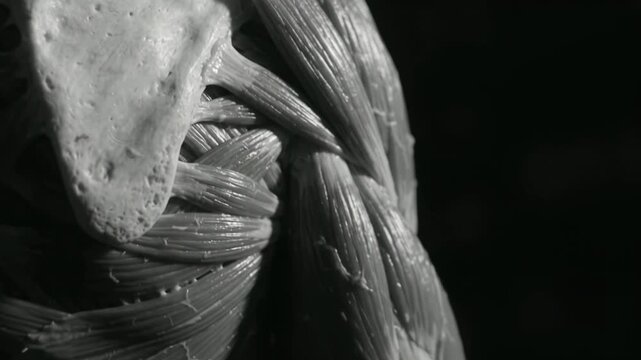 Close-up monochrome video of a human shoulder anatomical model showcasing bone and muscle structure against a black background.