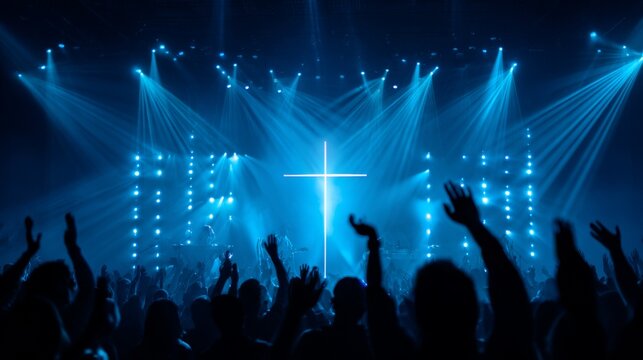 Large cross silhouette illuminated by vibrant blue lights with raised hands during worship, symbolizing faith, praise, spiritual connection, devotion, unity, hope and religious celebration