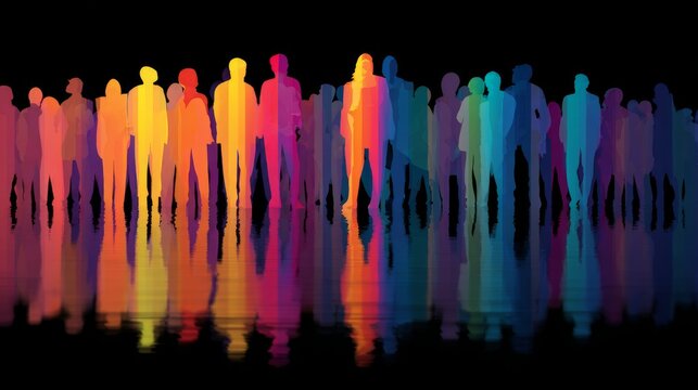 Colorful abstract figures representing diversity and inclusion in a collaborative company culture, people working together in harmony on a dark background