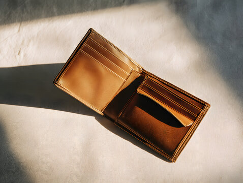 Open wallet on white background with warm shadow, empty card slot and leather texture in minimal still life