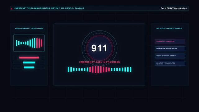 Digital emergency call interface displays 911 number, audio waves, and data streams on futuristic HUD