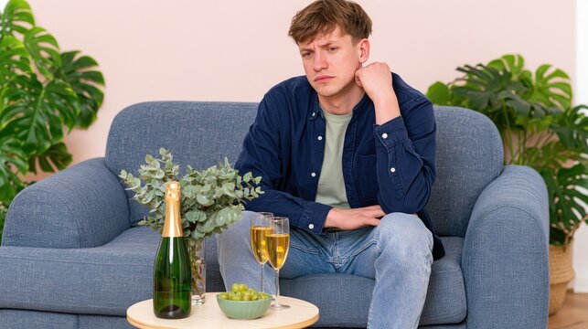 Loneliness is rising sharply. Solitude of a guy: no one came to celebrate with him, so the young man is sitting with champagne alone, stressed and depressed, upset