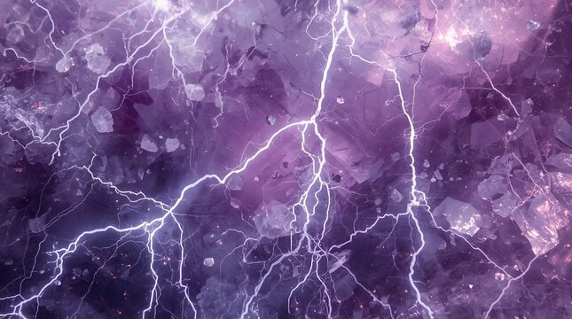 Cinematic macro view of lightning flashes striking through translucent purple amethyst crystal texture background