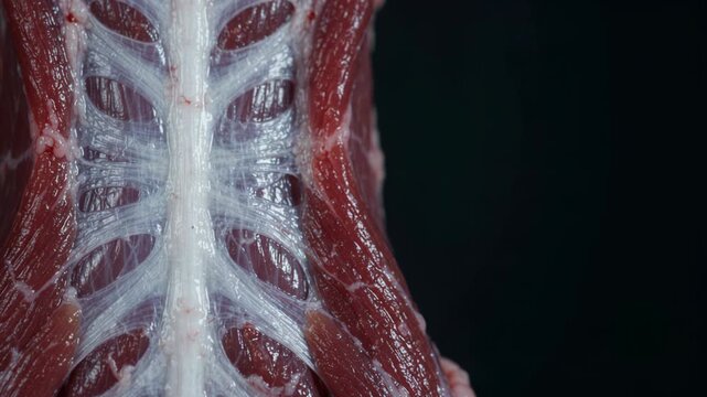 Macro video of raw red meat showing detailed muscle fibers and white fascia tissue on a dark background.