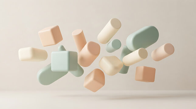 Floating pastel colored capsule shapes arranged in dynamic modern composition against light