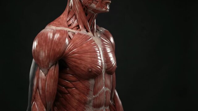 Detailed 3D anatomical illustration showing the muscular system of a human back on a dark background.
