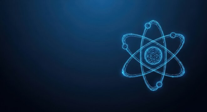 Stylized Atomic Structure with Orbiting Electrons on a Dark Blue Digital Background