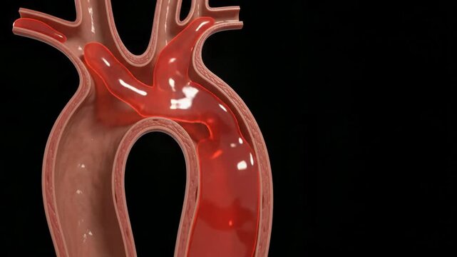 Medical 3D illustration showing a cross-section of the human aortic arch and major arteries.