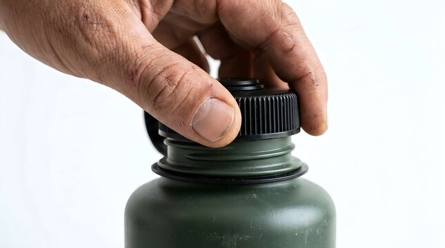 Rugged hand opening a green canteen lid against a white background