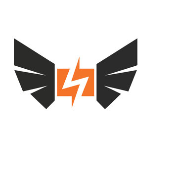 Orange lightning bolt with black wings logo