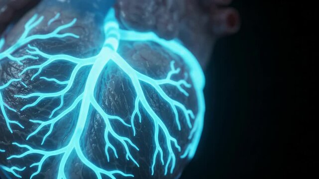 Detailed close-up video of a realistic human heart model showing blue veins and muscle structure against a black background.