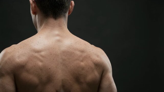 Close-up video of a man's neck and back revealing detailed anatomical muscle structure against a dark background.