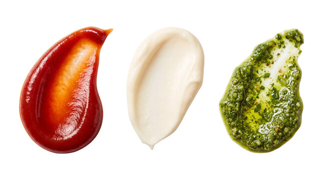 Ketchup, mayonnaise and pesto sauces isolated on transparent background