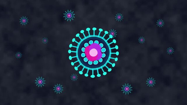 motion graphic virus particle, microscopic cell, disease outbreak, medical science, health research, abstract blue, pink, purple background