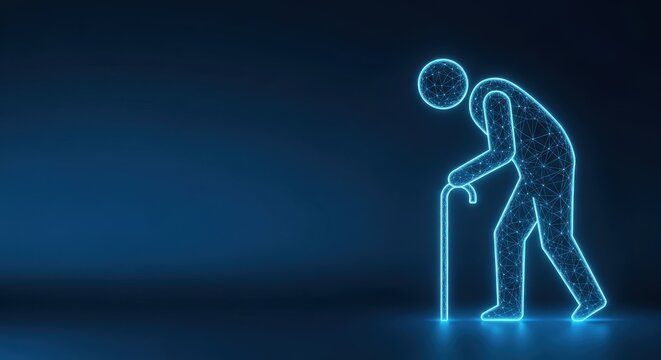 Glowing blue neon silhouette of an elderly person with a cane, symbolizing aging and support in a digital age.