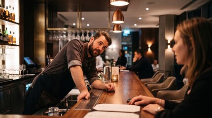 A male bartender leans over a bar, engaging in conversation with a female customer seated at the bar.