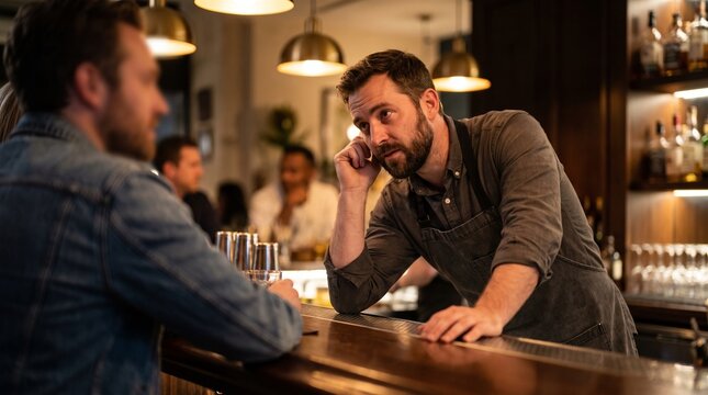 A bartender with a beard leans on a bar, talking to a customer, with bottles and glasses in the background.