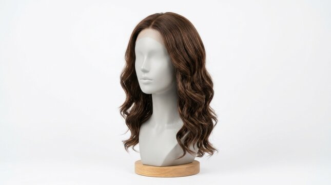 Mannequin head with brown wavy wig on white background.