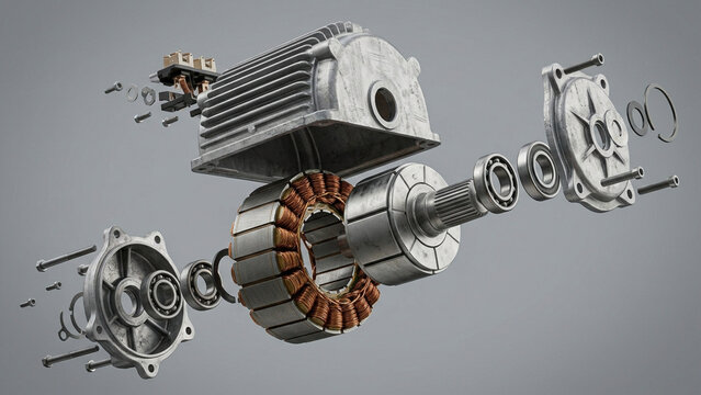 Exploded view of an electric motor showing its internal components and assembly for industrial applications.