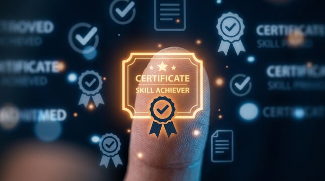 Digital skill achiever certificate icon on finger, online professional certification and quality assurance concept, virtual education diploma badges