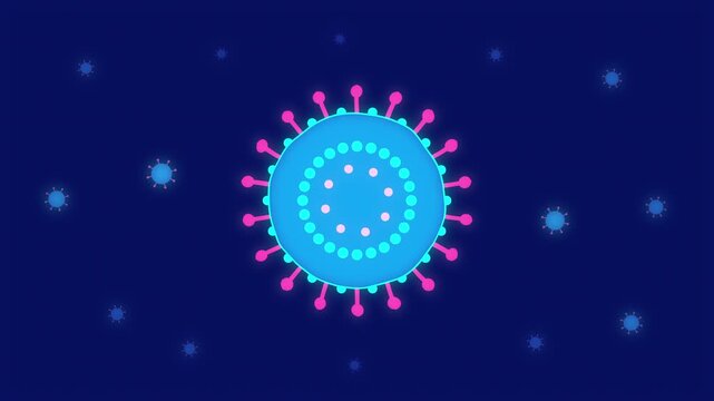 Blue and pink virus particle floating in dark space, microscopic view, medical research and epidemic concept