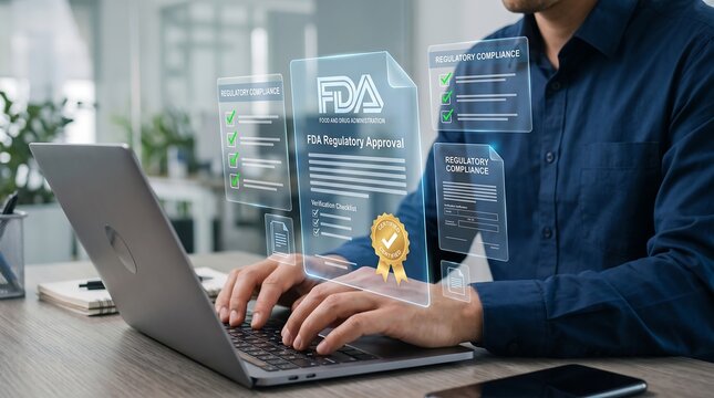 FDA Regulatory Approval Hologram Interface on Laptop Screen for Medical Compliance Certification and Healthcare Industry Legal Document Processing.