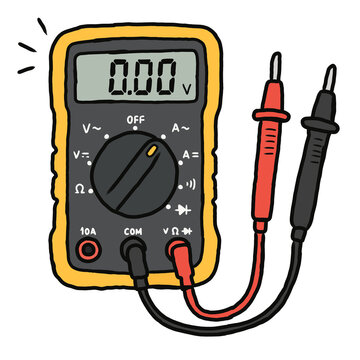 Hand Drawn Digital Multimeter with Test Probes Illustration
