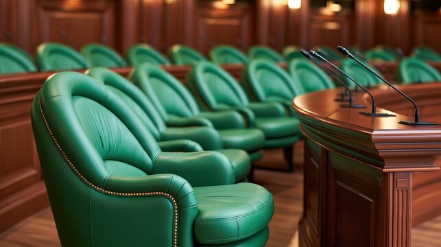 Rows of ornate green leather chairs flank a polished wooden podium in an empty assembly hall.
